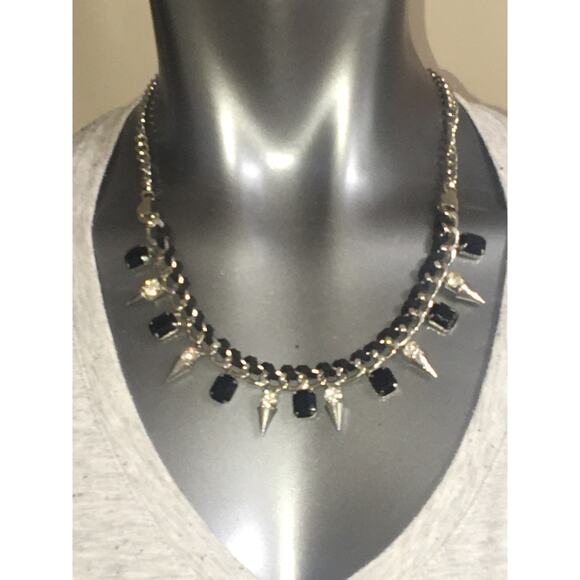 Black Ribboned Chain Necklace, Silver Tone Spikes, Rhinestones And Black Jewels - Picture 2 of 3